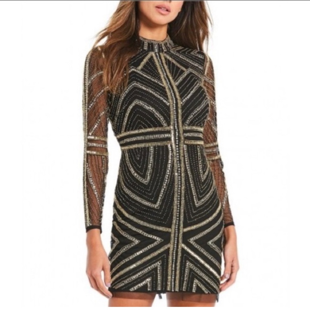 Gianni Bini Black and Gold Geometric Long Sleeve Dress